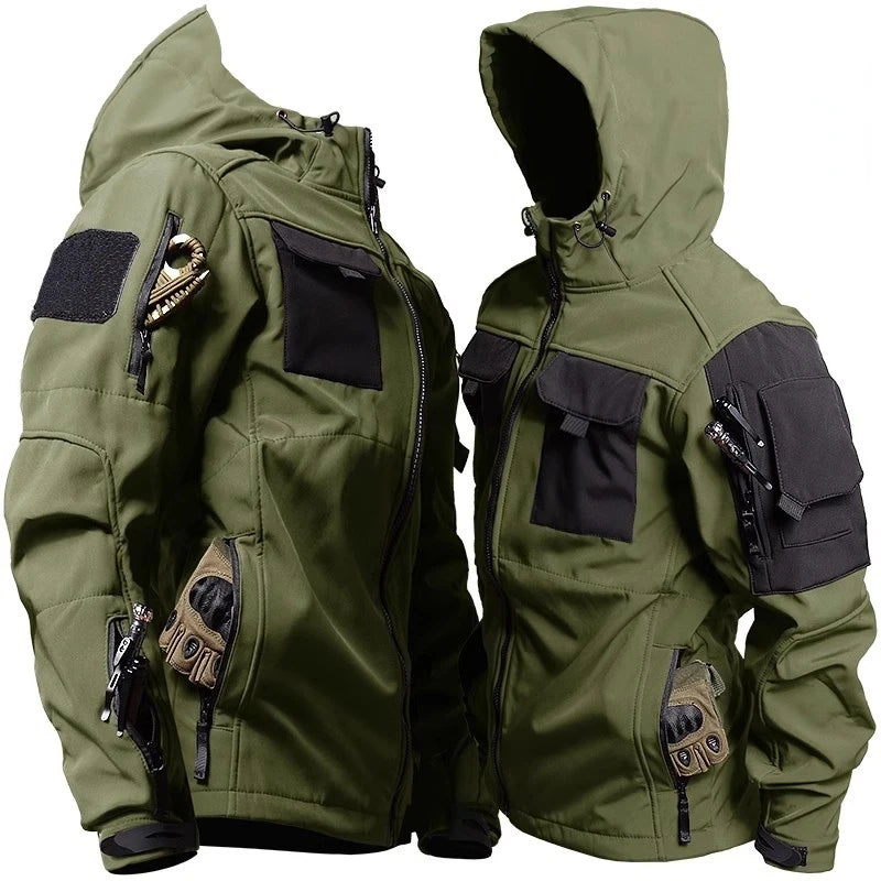 Camo Fleece Warm Sets Men Shark Skin Soft Shell Hooded Jacket+Multi-pocket Straight Cargo Pant 2 Pcs Suit Waterproof Combat Set