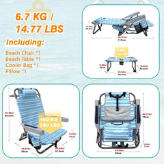 Backpack Folding Beach Chairs Set of 2 Heavy Duty 350Ibs with Camping Table Portable Lay Flat Beach Chair 5-Position Adjustable