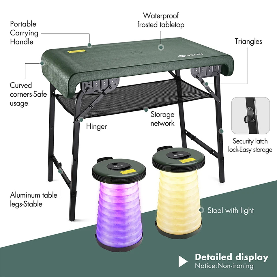 VILLEY Folding Camping Table Chair Set with Storage Organizer Portable Outdoor Furniture With Two Stools  for Garden Camping