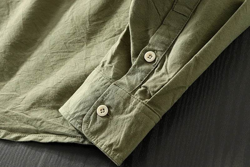 Japanese Retro Style Cotton Wash Men Clothing Spring Plain Casual Lapel Long-sleeved Shirts Outdoor Trekking Camp Hiking Jersey