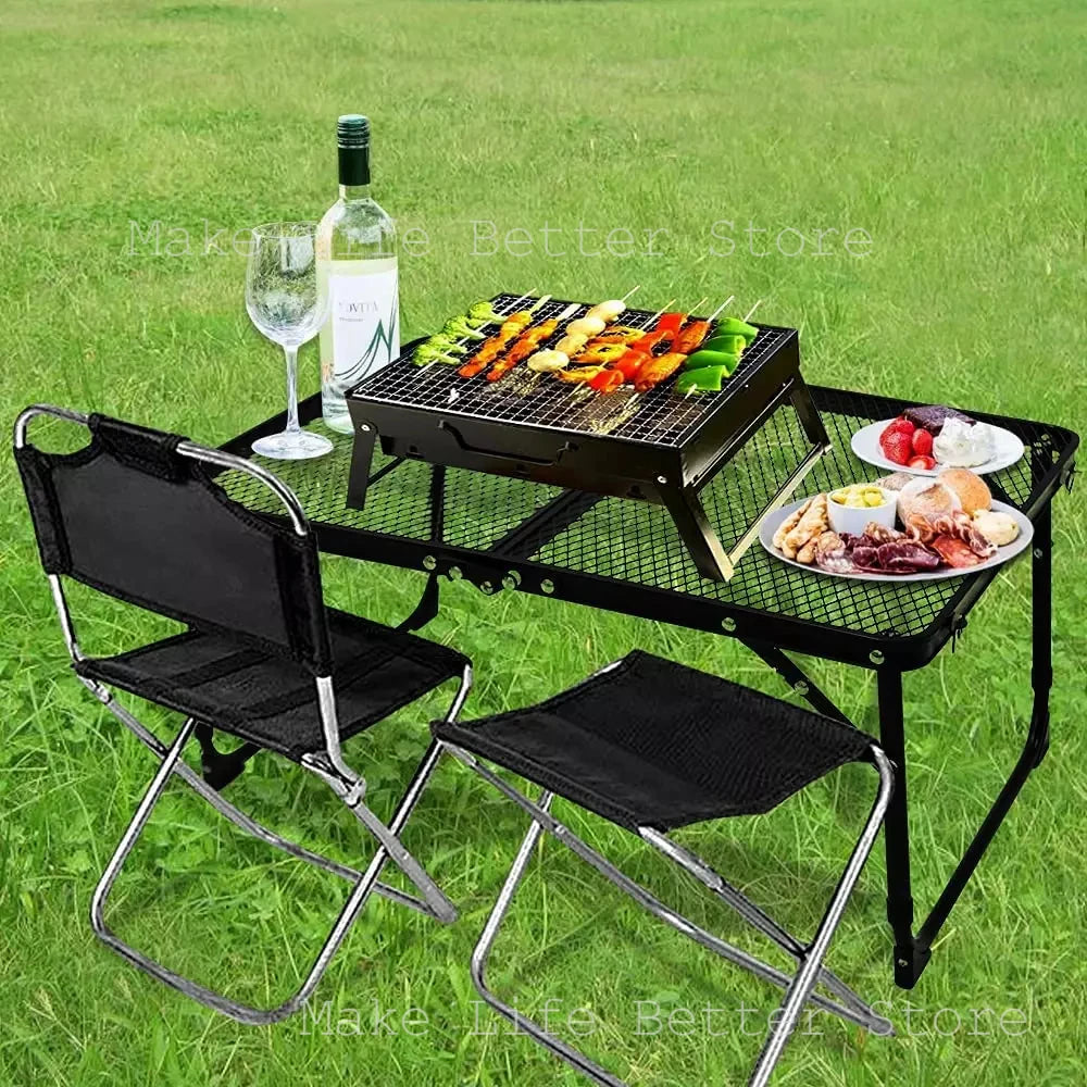 Outdoor Folding Grid Table Multifunctional Iron Mesh Portable Picnic Camping Table And Chairs Equipment Barbecue Table