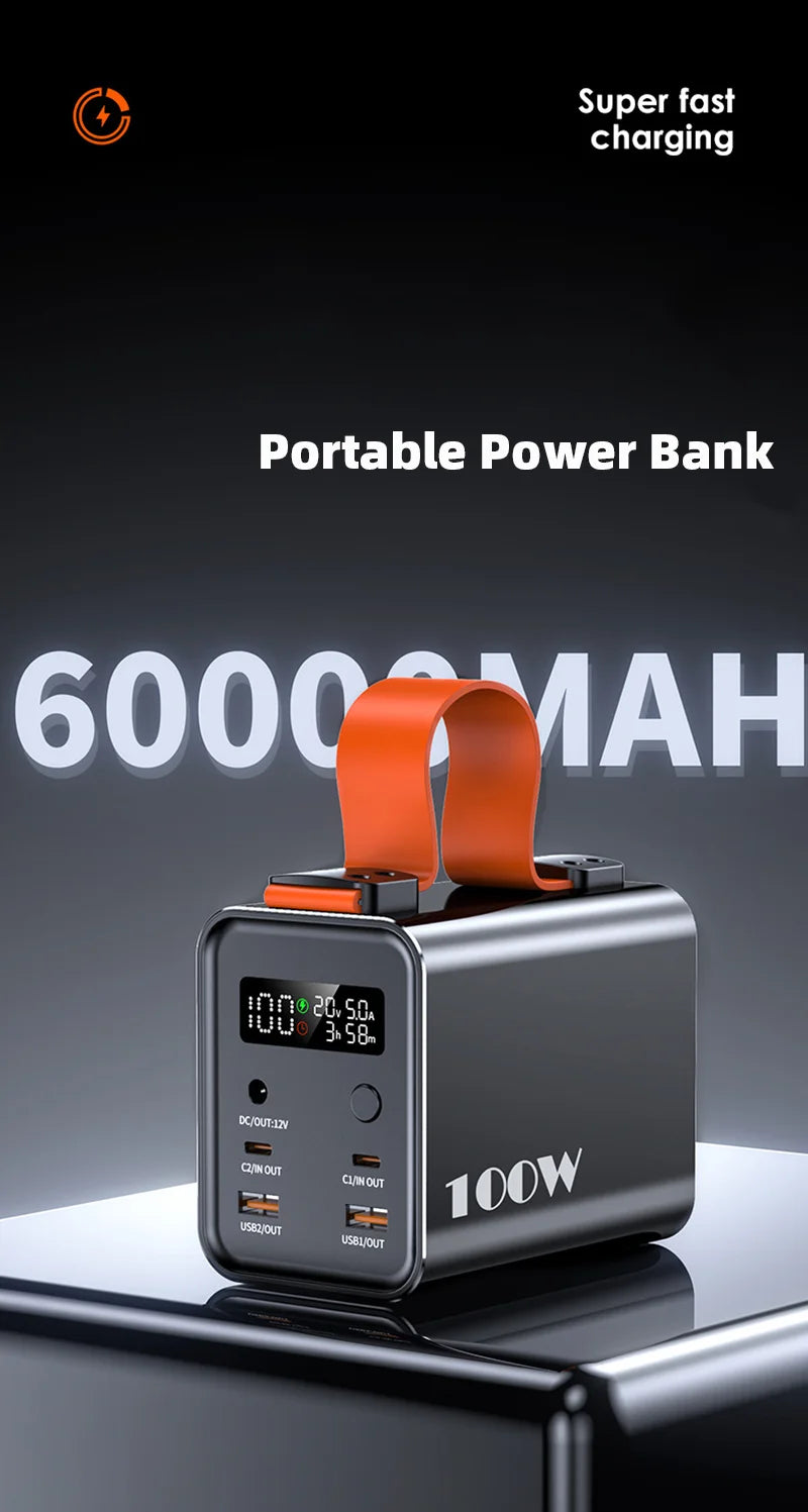 Large Capacity 60000mAh Power Bank For Laptop 100W Fast Charging External Battery Portable Power Station For iPhone Outdoor