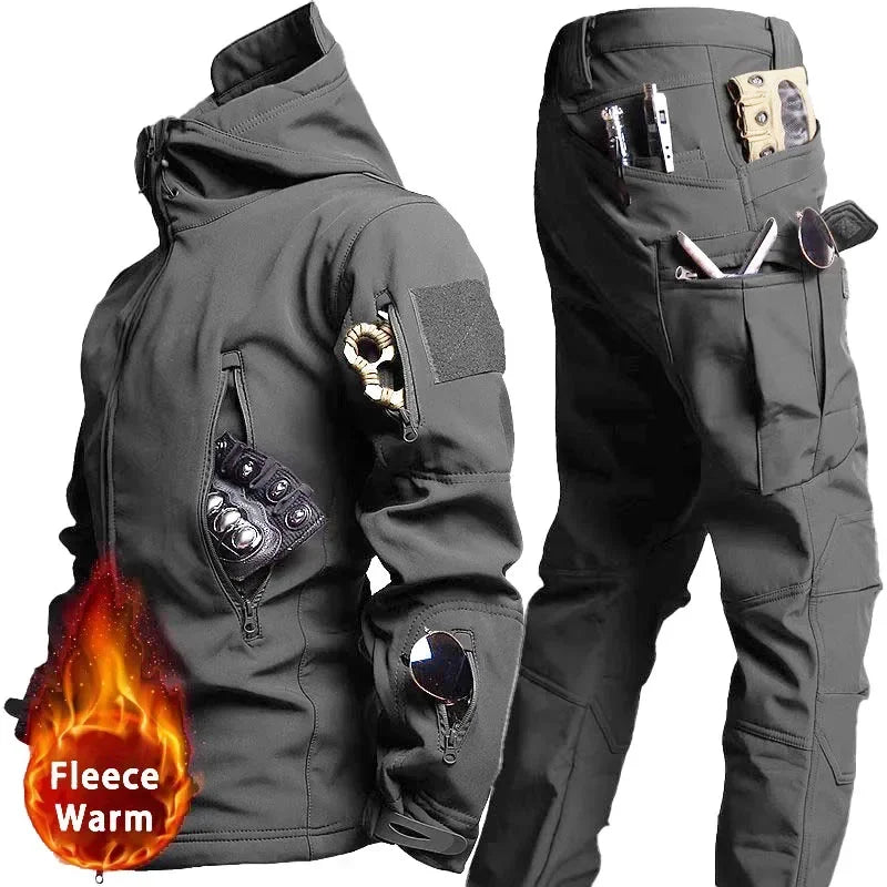 Camo Waterproof Tactical Sets Men Winter Soft Shell Hooded Jackets+Multi-pocket Cargo Pants 2 Pcs Suits Fleece Warm Combat Set