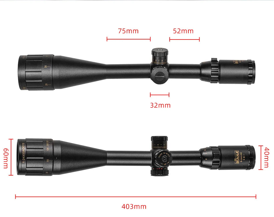 DIANA 6-24x50 AOE Tactics Rifle Scope  Lock System Green Red Dot light Sniper Gear Optical Sight Spotting Scope for Hunting