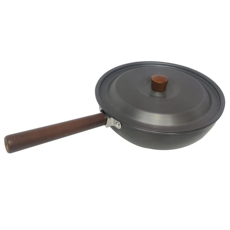 Aluminum Camping Wood Handle Wok Cookware, Outdoor Tableware, Picnic BBQ Cooking, Tourism, Kitchen Equipment, 3-4 Persons