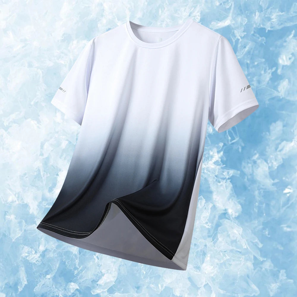 Men's Sports T-Shirts Gradient Quick Drying Elastic Breathable Short Sleeve Summer Casual Loose Clothing Tops Running Sportswear