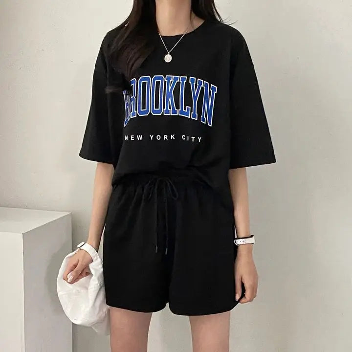 Korean Style Summer Female Sporty Outfit Running Gym Suit Women Clothing Two Piece Sets Short Sleeve T shirt Top Shorts Casual