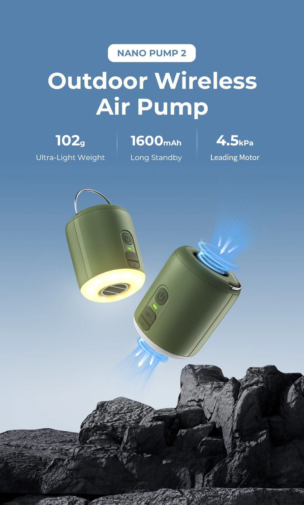 HENGDUAN Electric Air Pump Ultralight Portable Nano Pump 2 Rechargeable Battery with Camping Lantern for Air Cushion, Air Pillow