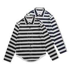 OKONKWO-Retro Black White Stripe Shirt Motorcycle Long Sleeve Stripe Cardigan Outdoor Trekking Camping Tooling Blouse Clothing