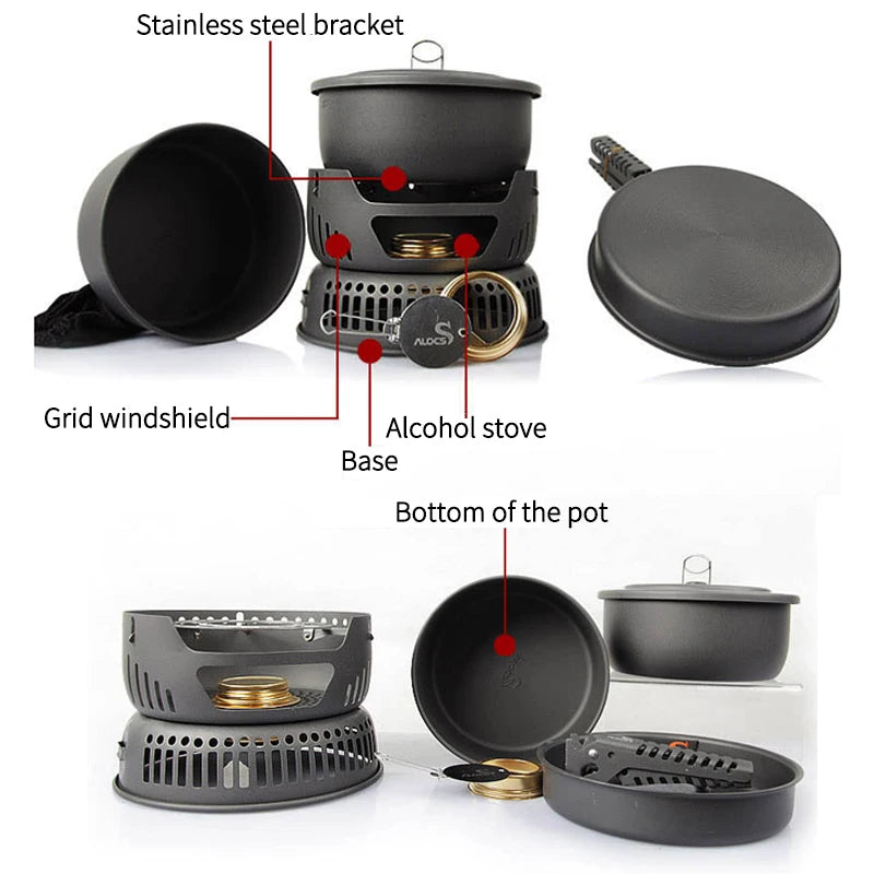 ALOCS 2-4 Person Outdoor Cookware Camping Alcohol Stove Cook Set for Camping Hiking Picnic Stove with Gripper Pot