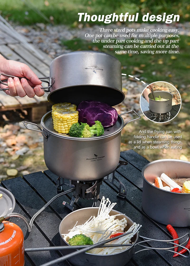 Boundless Voyage Outdoor Camping Titanium Pot Pan Kettle Set Travel Portable Cookware Steamer Pot Cooking Mess Kit for 1-4 Man