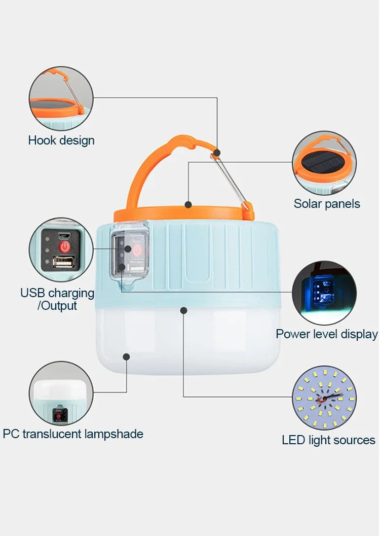 Solar LED Camping Light Waterproof Rechargeable Tent Lamp Portable Lanterns Emergency Lights Market Lamp Energy Saving Bulb