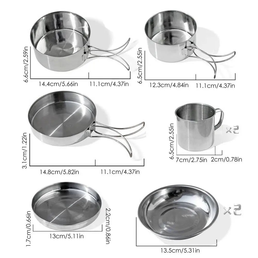 8pcs/set Stainless Steel Outdoor Camping Cookware Set Portable Ultralight Picnic Hiking Cooking Pot Bowl Kit Camping Supplies