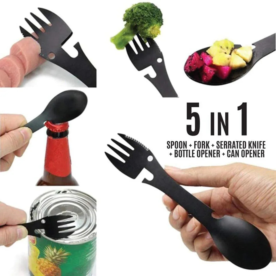 5 In 1 Camping Tableware Multi Tool Portable Stainless Steel Spoon Fork Bottle Can Opener Sawtooth Knife Outdoor Eating Utensil