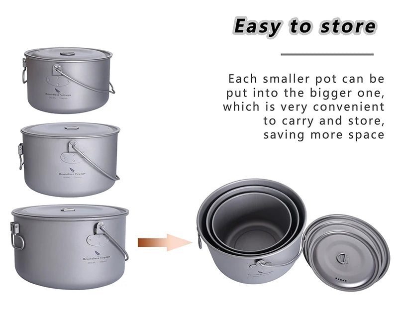 Boundless Voyage Outdoor Camping Titanium Cooking Pots Hanging Pot with Handle Picnic Hiking Kettle Cookware 1.3L 1.95L 2.9L