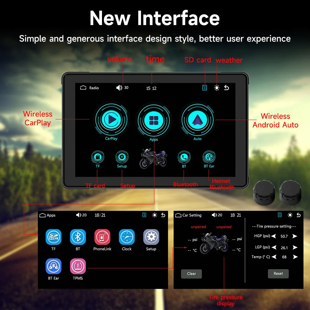 7"Motorcycle Multimedia Player GPS Navigation Recorder Wireless CarPlay Android Auto IP67 Waterproof Screen Bluetooth 2024 New