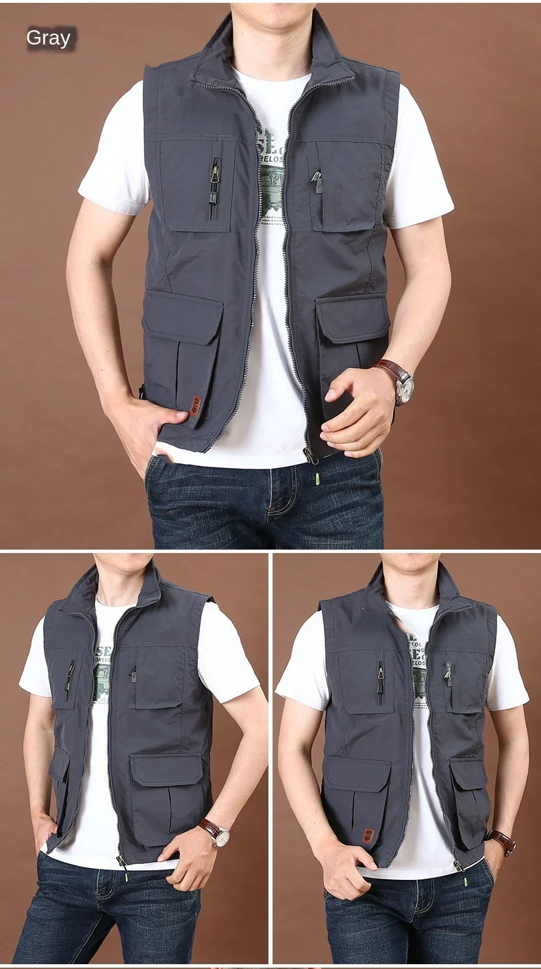 Men's Thin Tooling Loose Quick Drying Vest Men's Outdoor Sports Coat Multi Pocket Stand Collar Vest Spring Camping Fishing Vest