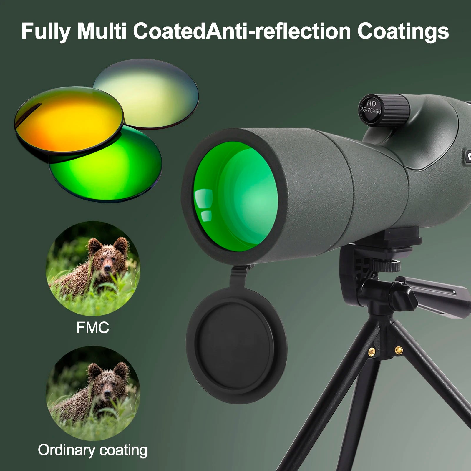 25-75x60 Telescope Spotting Scope With Tripod Phone Clip HD Zoom Long Rang FMC BAK4 Waterproof For Bird Watching Target Shotting