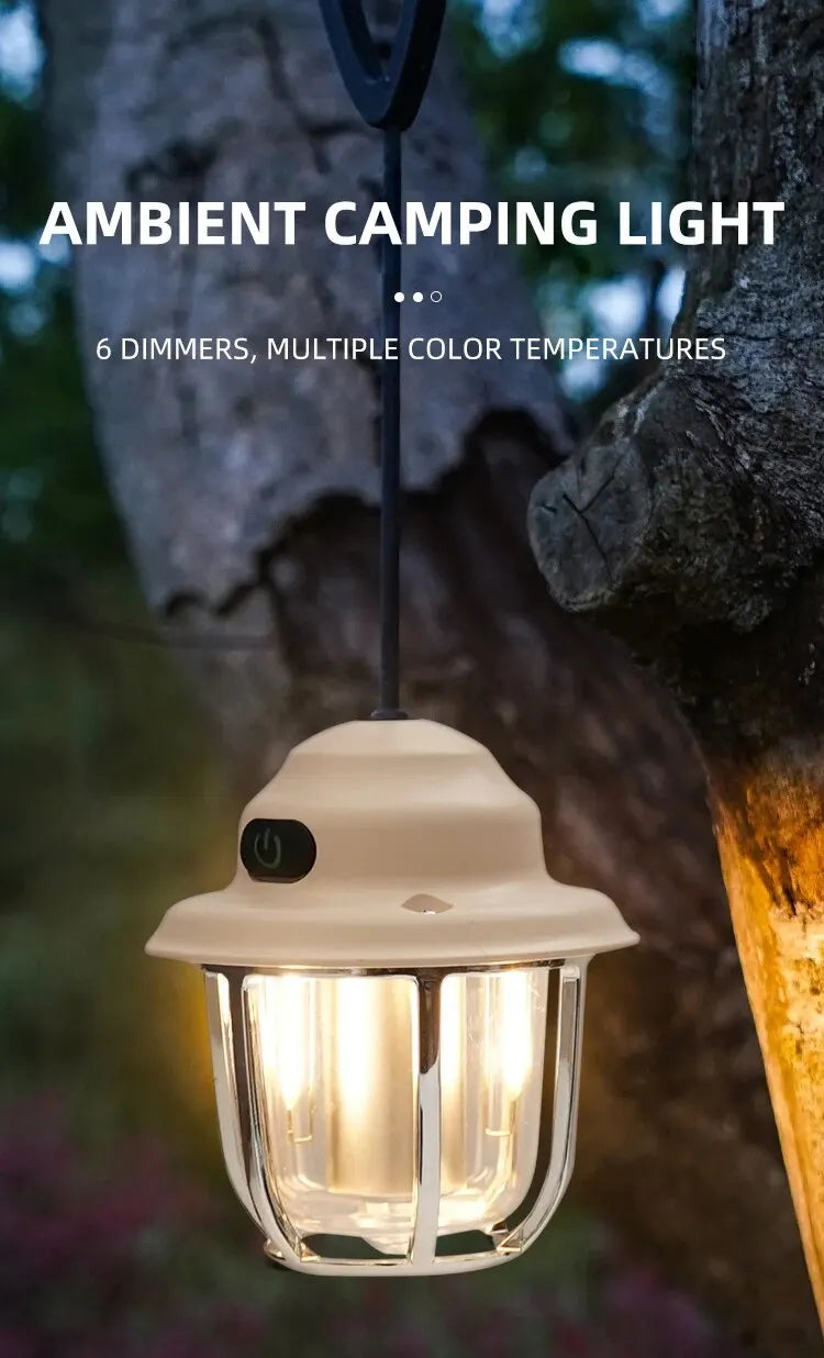 LED Camping Lamp 1200mAh Retro Hanging Tent Lamp 2700K/6500K Emergency Light Lantern IPX4 Waterproof Type C Charging for Outdoor