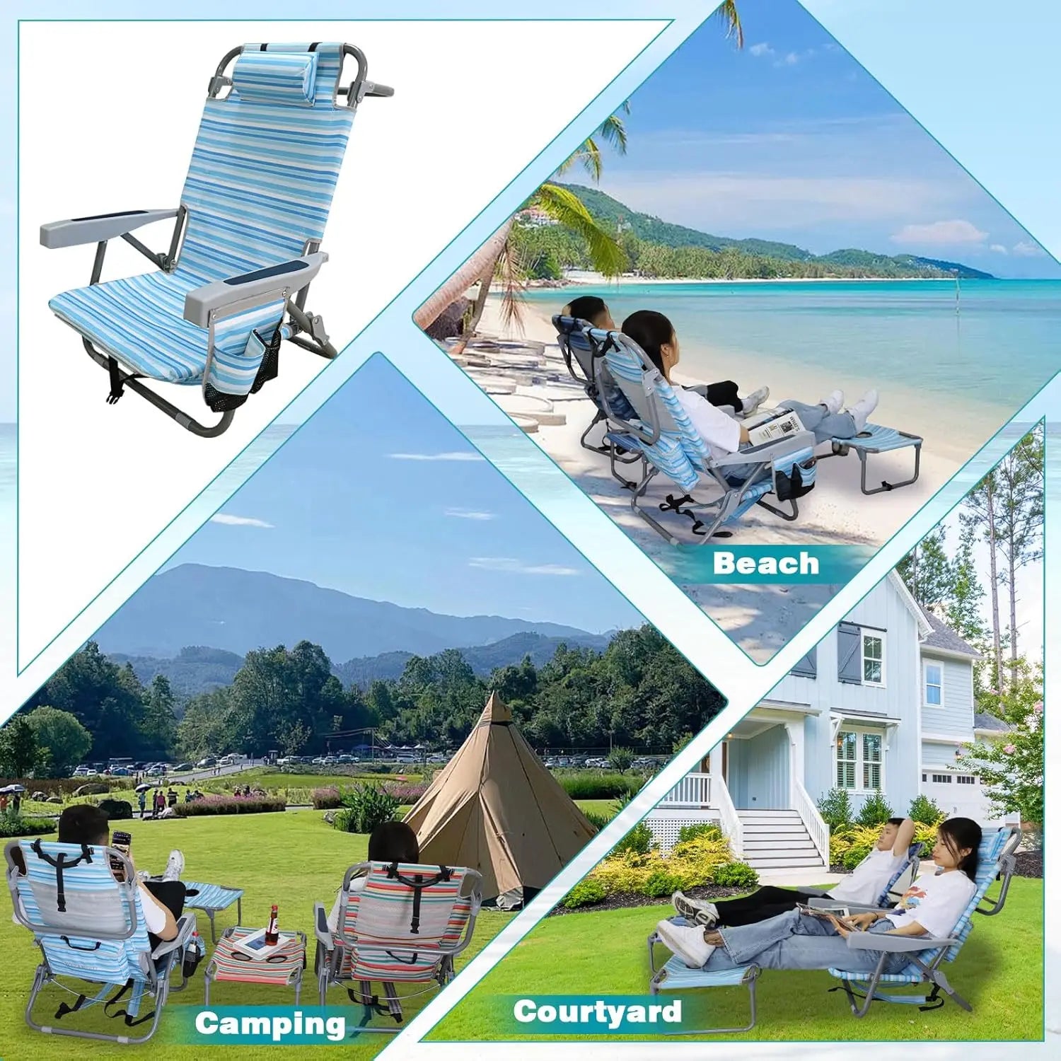 Backpack Folding Beach Chairs Set of 2 Heavy Duty 350Ibs with Camping Table Portable Lay Flat Beach Chair 5-Position Adjustable