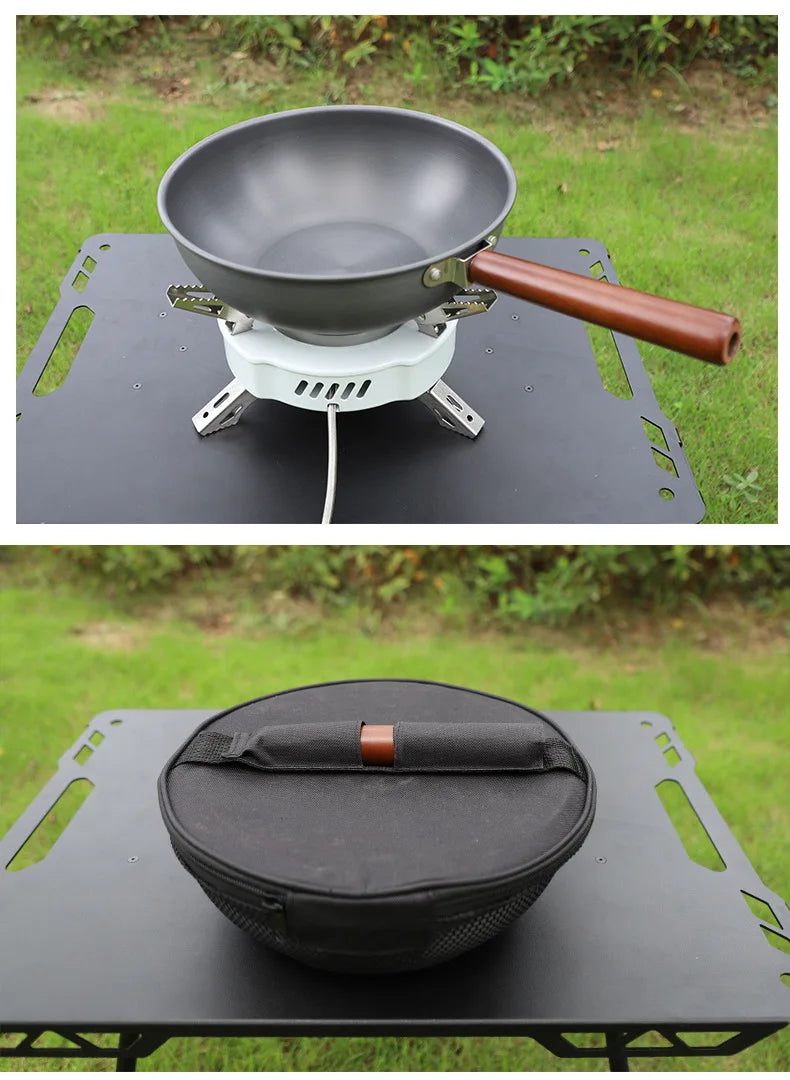 Aluminum Camping Wood Handle Wok Cookware, Outdoor Tableware, Picnic BBQ Cooking, Tourism, Kitchen Equipment, 3-4 Persons