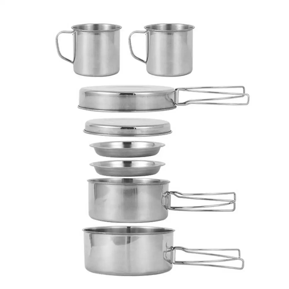 8PCS/SET Camping Cookware Kit Portable Lightweight Stainless Steel Cooking Pot Pan Set W/ Plates Cups for Outdoor Picnic Hiking