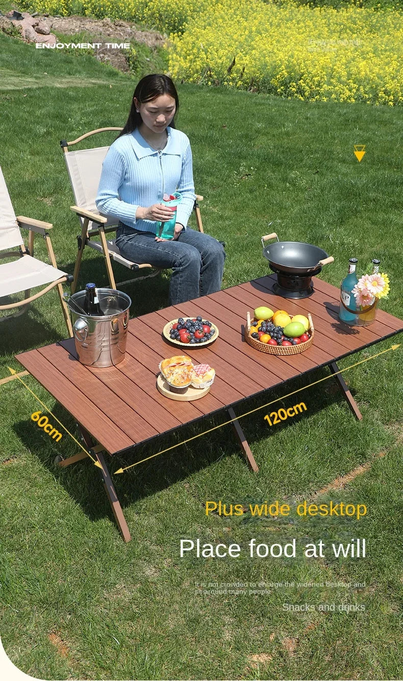 Outdoor Camping Table Wood Folding Grain Carbon Steel Egg Roll Portable Beach Table Camping Chair Tourist Plate Table