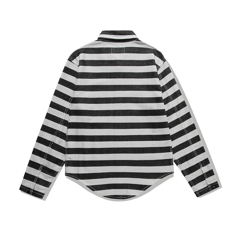 OKONKWO-Retro Black White Stripe Shirt Motorcycle Long Sleeve Stripe Cardigan Outdoor Trekking Camping Tooling Blouse Clothing