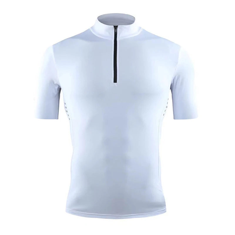 Men Running T-shirt Short Sleeve Night Running Reflective Quick Dry Sweatshirt Male Gym Jogging Top Half Zipper Clothing