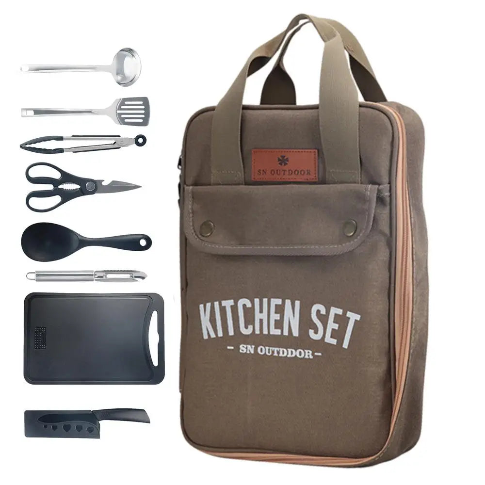 8pcs/set Camping Kitchen Cookware Set Portable Camp Kitchen Set Spatula And Cutting Board Storage Bag Set Camping Kitchenware