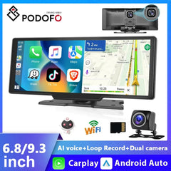 Podofo 6.86" /9.3" Car Mirror Video Recording  Wireless Carplay Monitor Android Auto dashboard DVR GPS Navigation Carplay screen