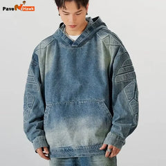 Denim Hooded Jacket Men Women Convex Turtle Shell Pattern Loose Casual Vintage Sweatshirt Coat Street Washed Denim Pullovers New