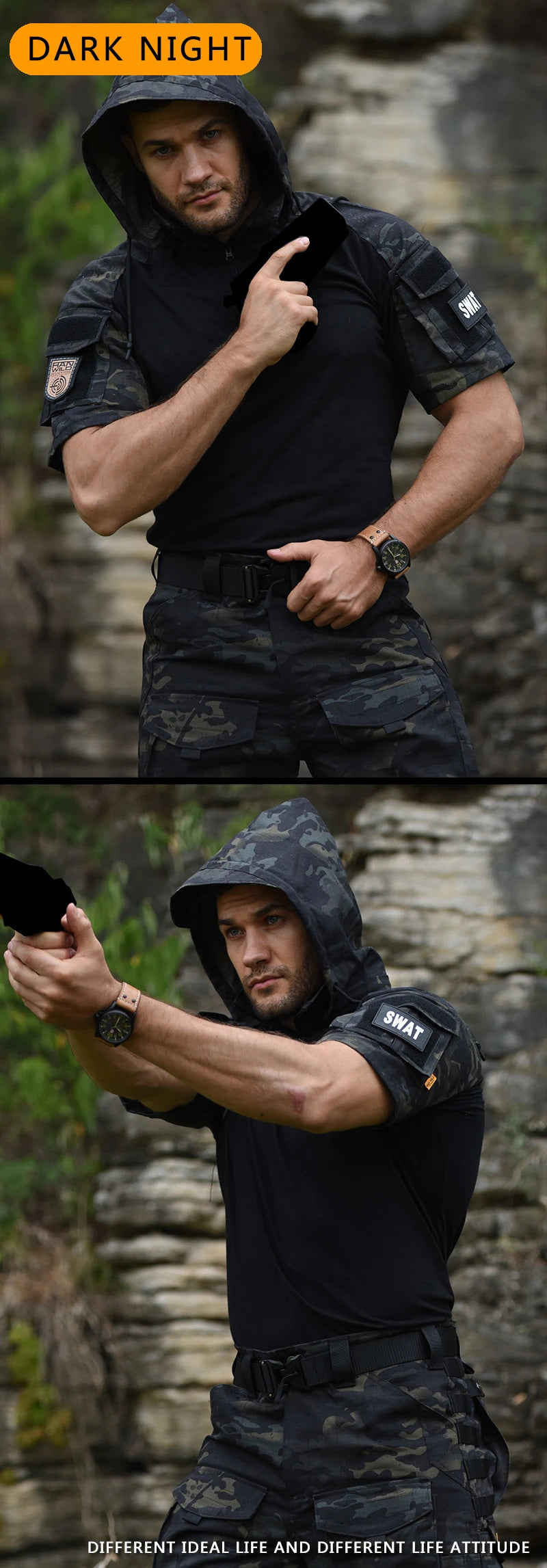 HAN WILD Tactical T-shirt Men Short Sleeves Softair Climb Shirt Men Clothing Hunting Soldiers Hood Shirt Camping Equipment