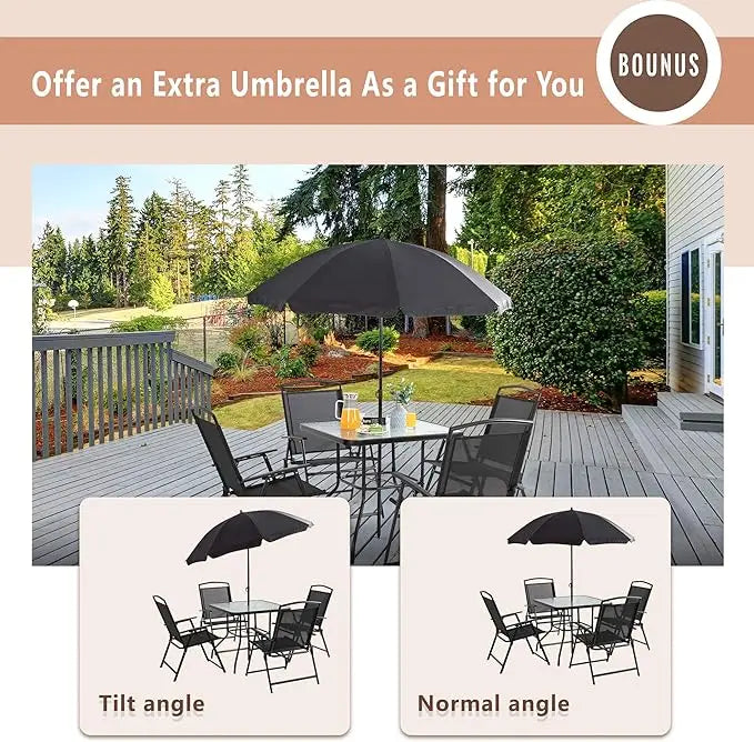 5/6pcs Folding Patio Dining Set,Small Metal Outdoor Garden Patio Table and Chair Set w/Umbrella for Lawn,Deck,Backyard