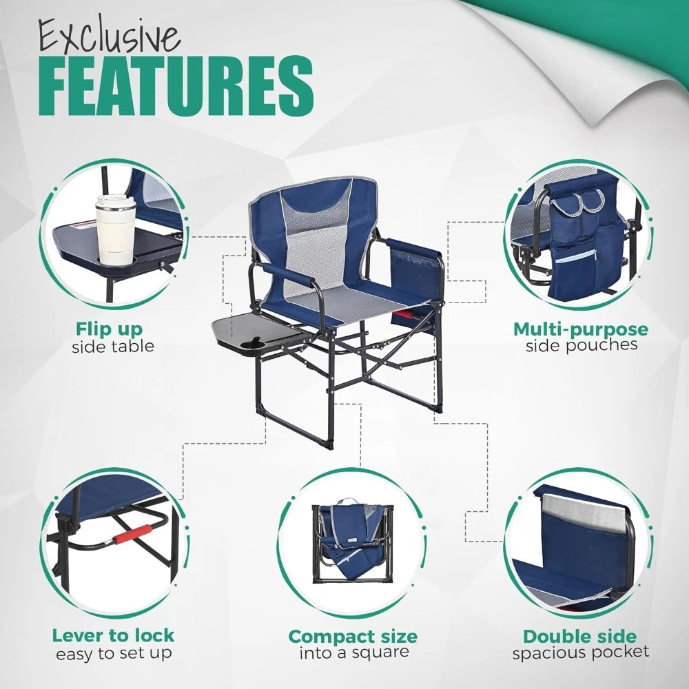 Oversized Camping Directors Chair 2 Pack,Portable Folding Lawn Chairs for Adults Heavy Duty with Side Table,Foldable Camp Chairs