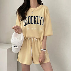 Korean Style Summer Female Sporty Outfit Running Gym Suit Women Clothing Two Piece Sets Short Sleeve T shirt Top Shorts Casual