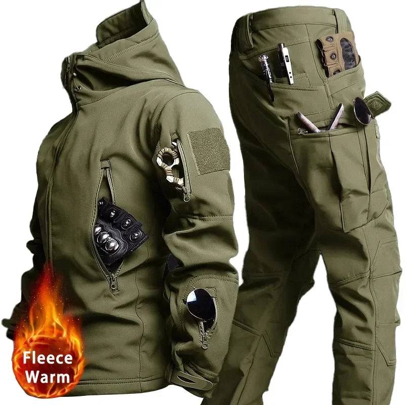 Camo Waterproof Tactical Sets Men Winter Soft Shell Hooded Jackets+Multi-pocket Cargo Pants 2 Pcs Suits Fleece Warm Combat Set