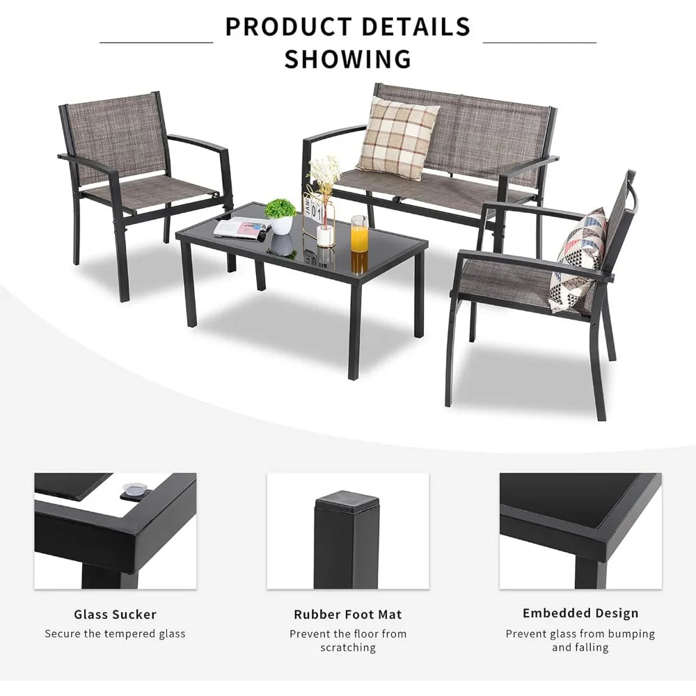 Loveseat Portable Folding Chair Lawn 2 Single Chairs for Home Garden With Glass Coffee Table Porch（Black） Outdoor Furniture