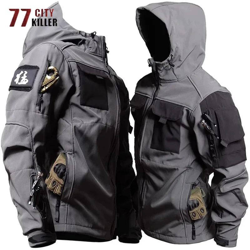 Tactical Soft Shell Hooded Jackets Mens Outdoor Multi-pockets Waterproof  Windbreak Coats Casual Combat Military Jacket Male EU