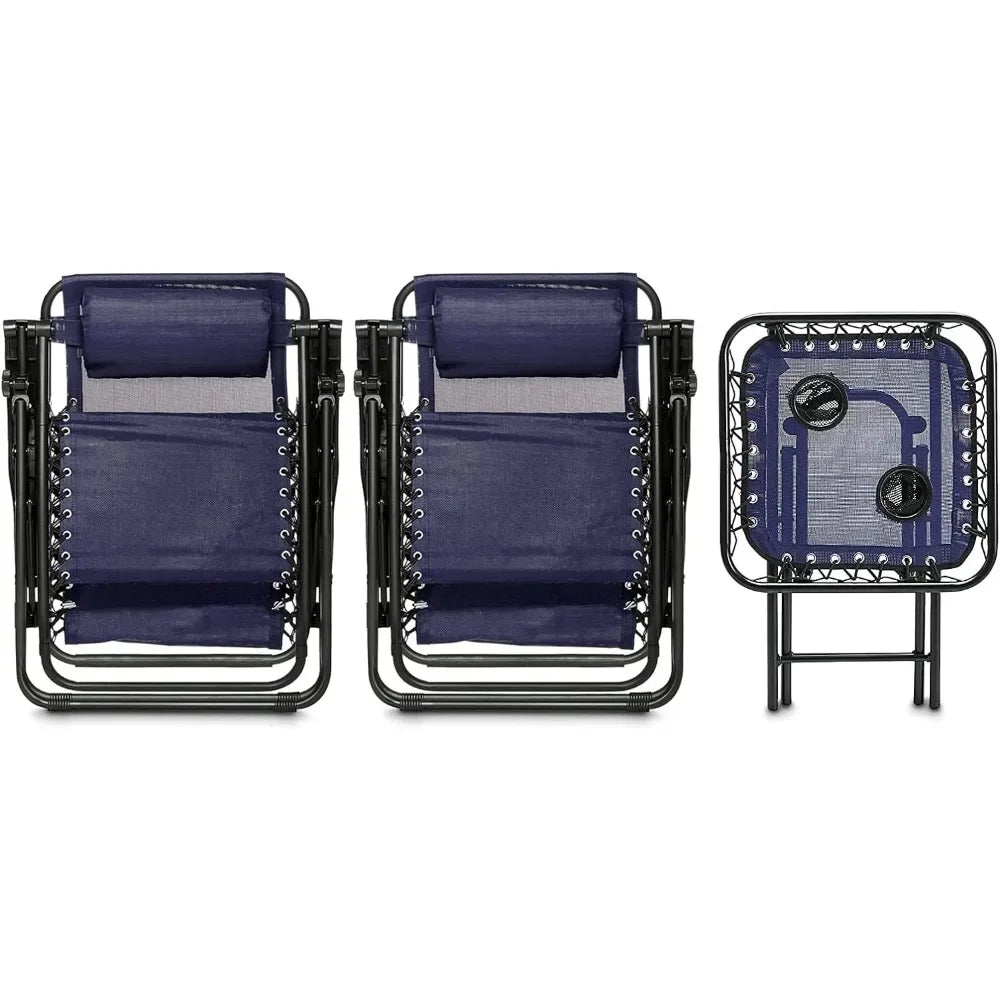 Outdoor Textilene Adjustable Zero Gravity Folding Reclining 3-Piece Lounge Chair Set with Side Table, Blue, pack of 2