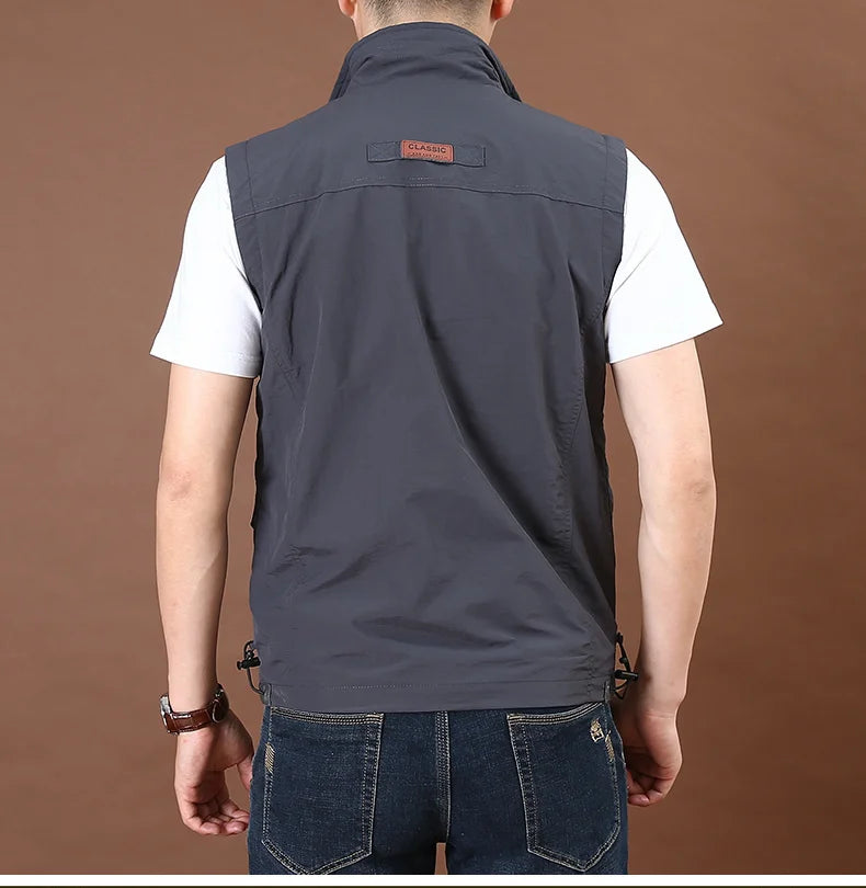 Men's Thin Tooling Loose Quick Drying Vest Men's Outdoor Sports Coat Multi Pocket Stand Collar Vest Spring Camping Fishing Vest