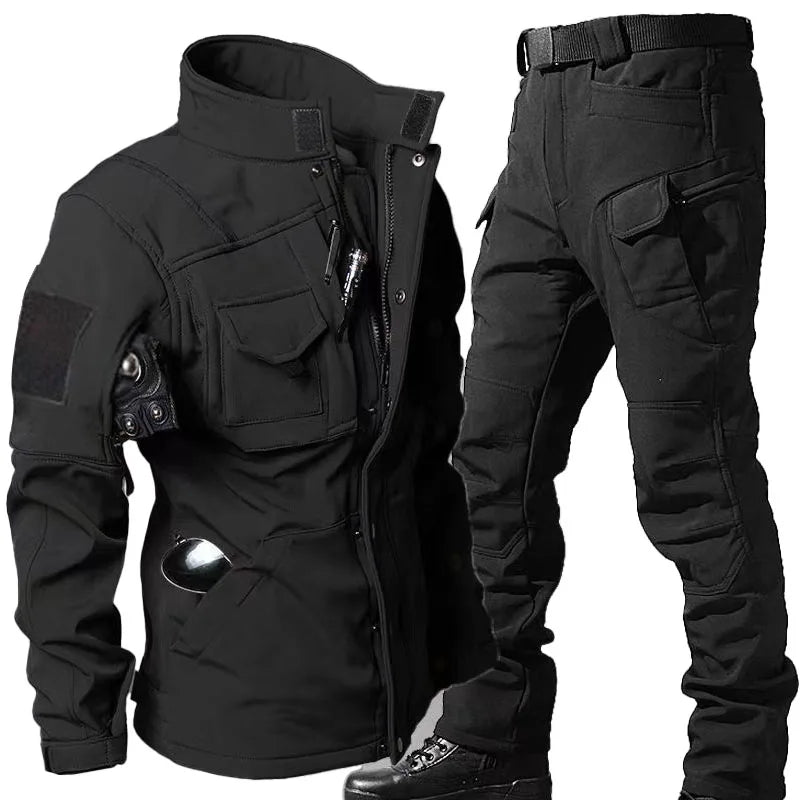 Military Shark Skin Soft Shell Sets Men Winter Multi-pocket Wear-resistant Fleece Warm Jackets+Army Waterproof Pants 2 Pcs Suits