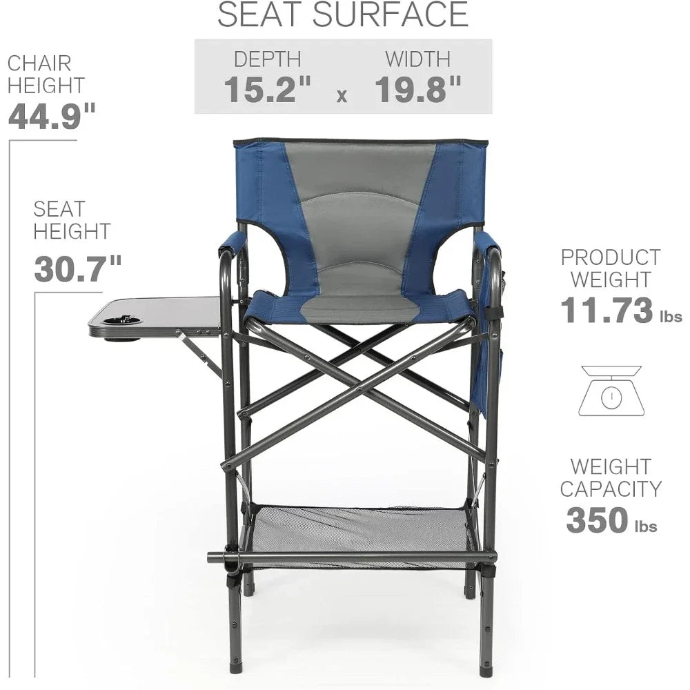 Tall Folding Chair, 30.7" Seat Height Directors Chair High Foldable Bar Stool with Side Table Cup Holder, Folding Chair