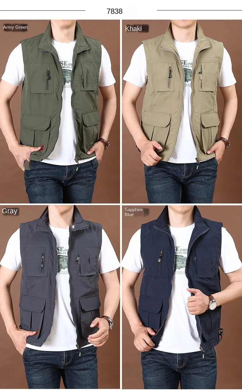 Men's Thin Tooling Loose Quick Drying Vest Men's Outdoor Sports Coat Multi Pocket Stand Collar Vest Spring Camping Fishing Vest