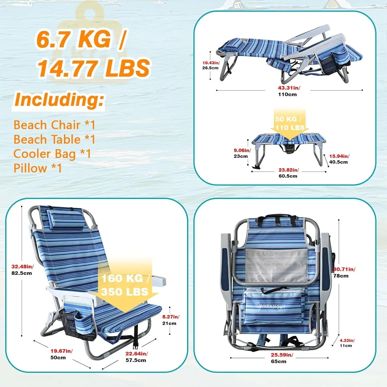 Backpack Folding Beach Chairs Set of 2 Heavy Duty 350Ibs with Camping Table Portable Lay Flat Beach Chair 5-Position Adjustable