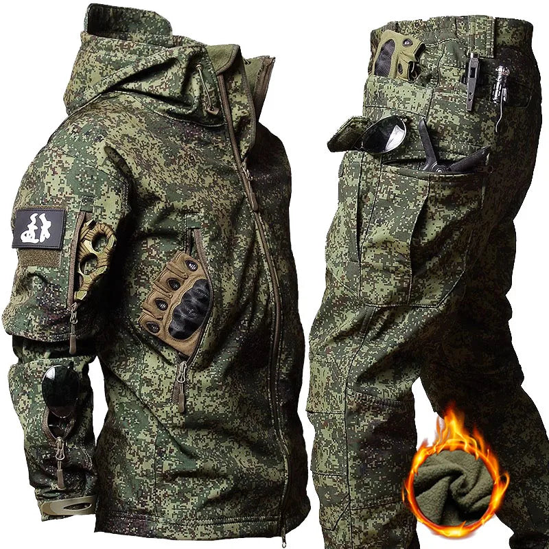 Camouflage Cargo Winter Sets Men Soft Shell Hooded Jackets+Multi-pocket Straight Pants 2 Pcs Suits Waterproof Training Suits