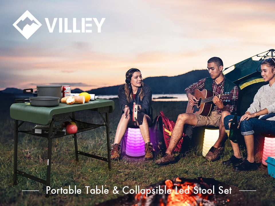 VILLEY Folding Camping Table Chair Set with Storage Organizer Portable Outdoor Furniture With Two Stools  for Garden Camping