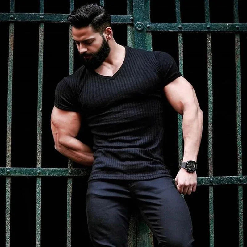 Running V Neck Short Sleeve T Shirt Men Fitness Slim Fit Sports Strips T-shirt Fashion Tees Tops Summer Knitted Gym Clothing