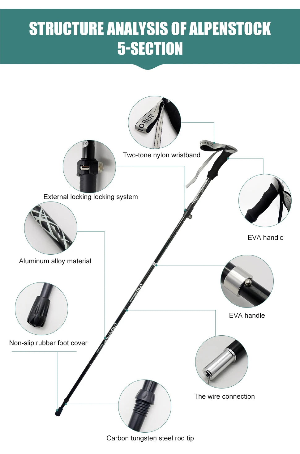 5-Section Portable Outdoor Fold Trekking Pole Walking Hiking Stick Telescopic Club For Nordic Elderly Camping Walking Poles