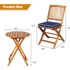 3Pcs Patio Bistro Set,Wood Folding Table Set,2 Cushioned Chairs for Garden Yard,Outdoor Furniture Round Table Natural &Navy Blue